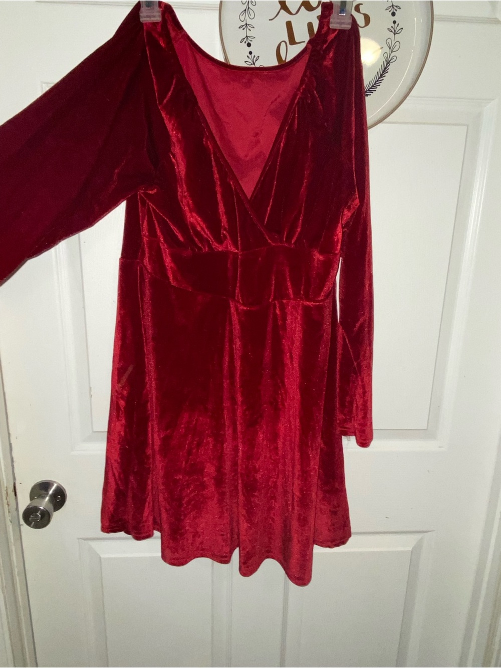 Red Velvet Long Sleeve V-Neck Dress